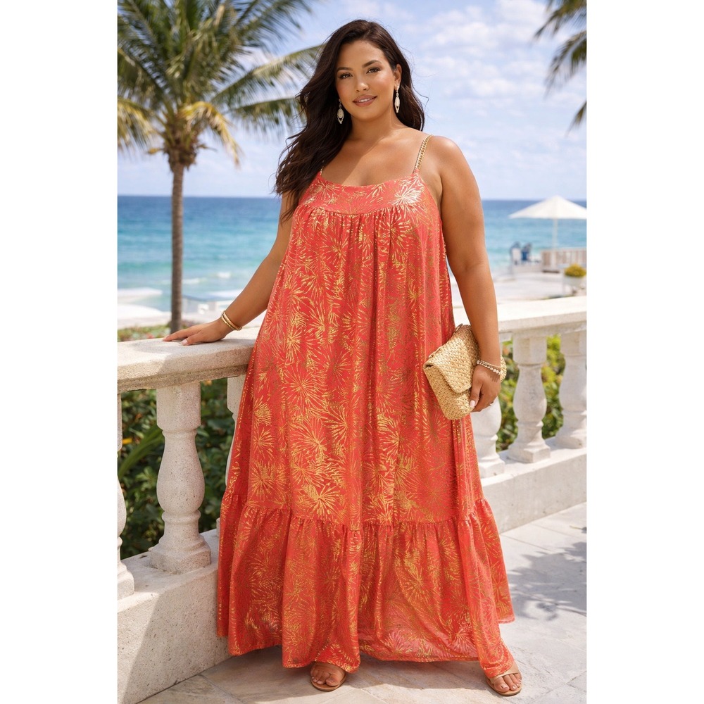MICHAEL Michael Kors Coral and Gold Tropical Print Maxi Dress